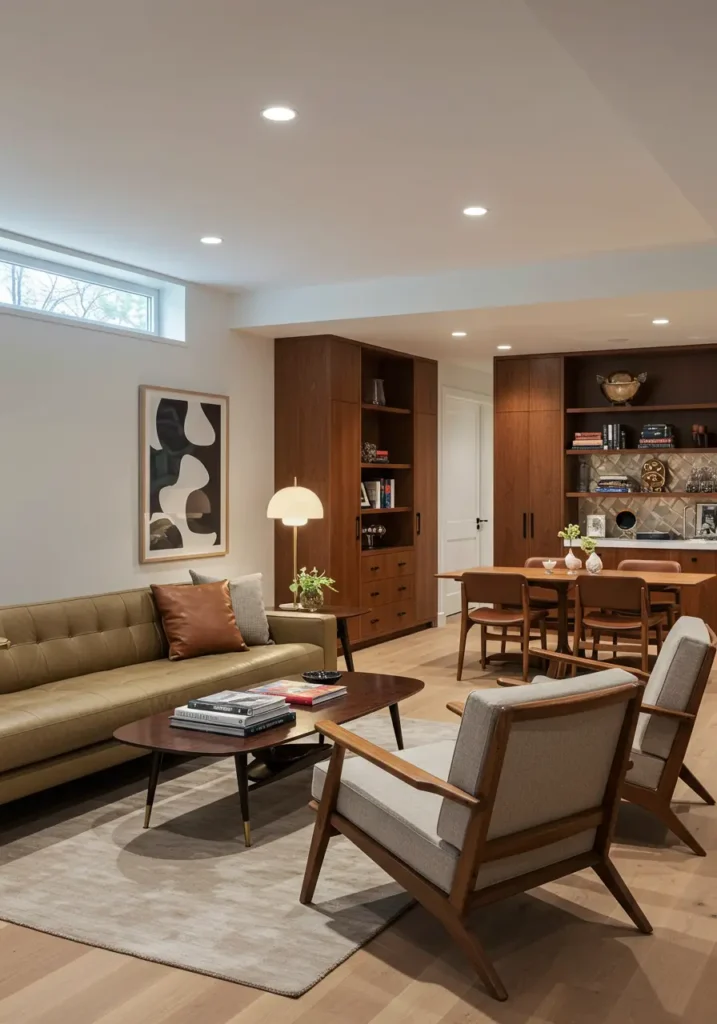 Channeling the sophisticated entertaining spaces of the 1950s and 60s, this concept creates a timeless basement lounge that celebrates clean lines, organic shapes, and the golden age of American design.