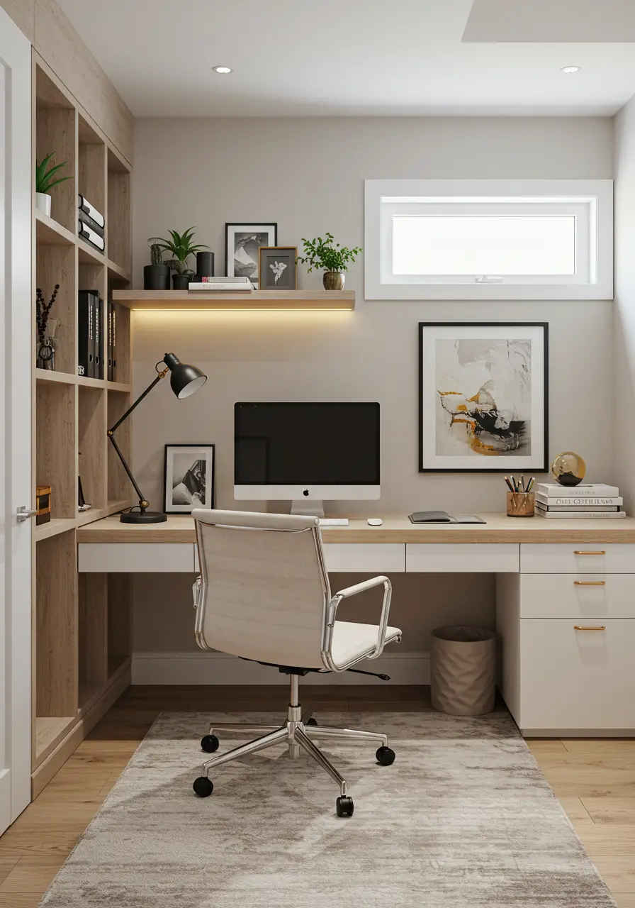 Reflecting the rise of remote work and the need for dedicated home offices, this concept creates a serene, productive workspace that maximizes natural light and maintains clean lines despite the basement setting.