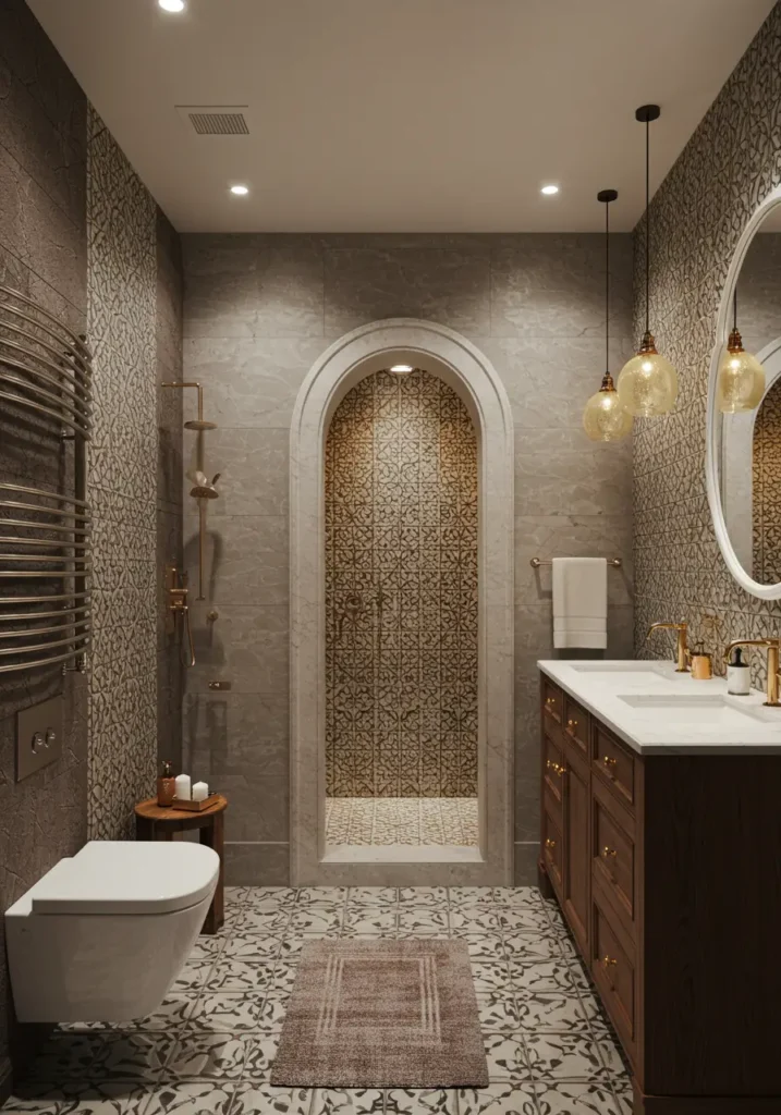 This design transforms the small basement bathroom into an exotic jewel box inspired by traditional Moroccan riads. Rich patterns, warm metallics, and intricate tilework create an immersive experience that feels like a luxury hammam.
