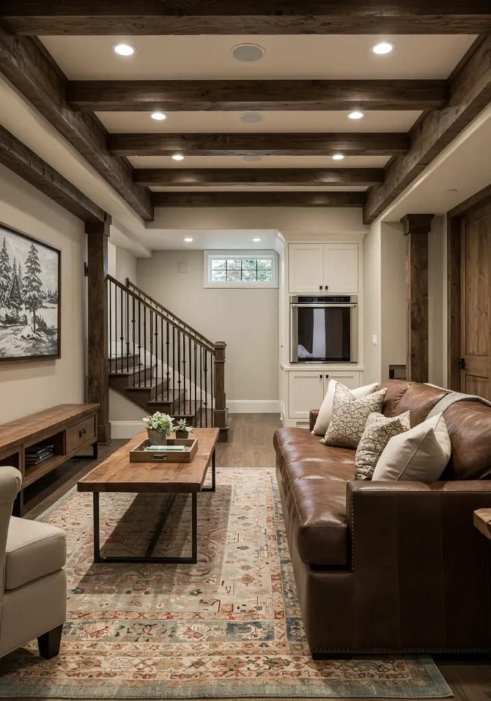 This concept brings the warmth and character of a converted barn into the basement space using affordable faux beam techniques. The design creates the impression of expensive reclaimed timber while maintaining budget-friendly construction methods.