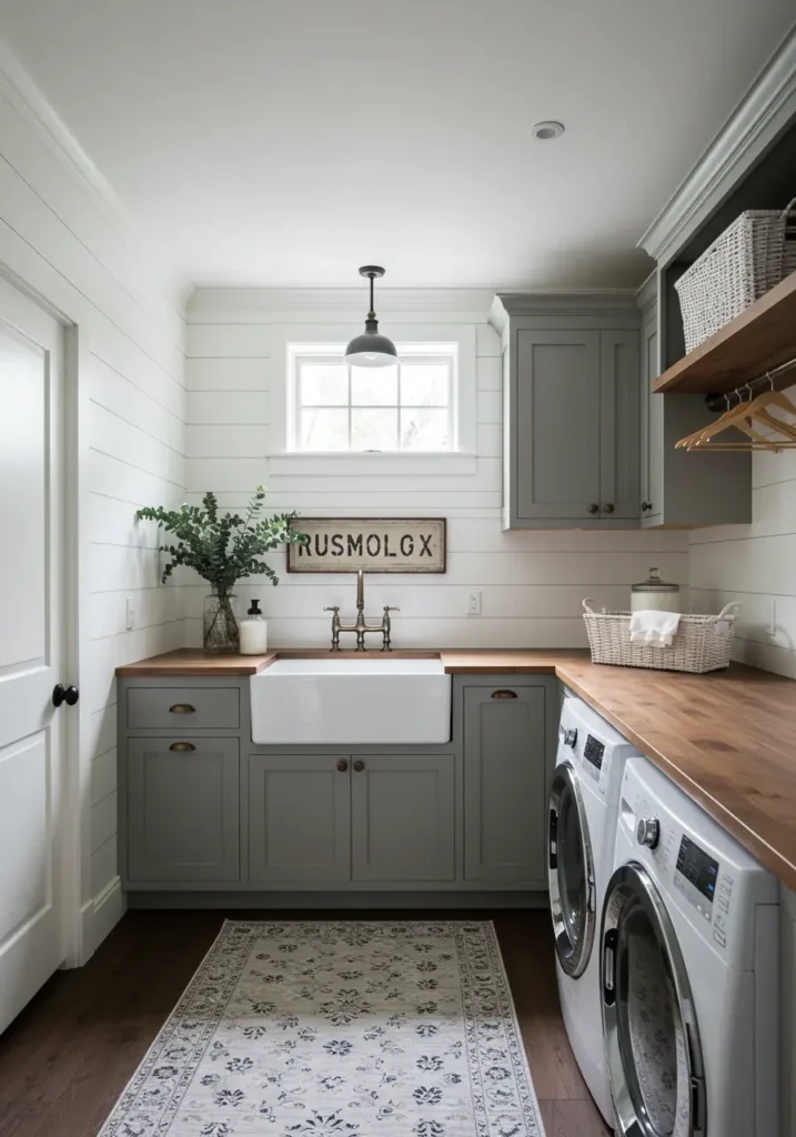 Evoking the charm of a 19th-century farmhouse washroom, this design combines vintage aesthetics with modern functionality, creating a space that feels both timeless and thoroughly contemporary.