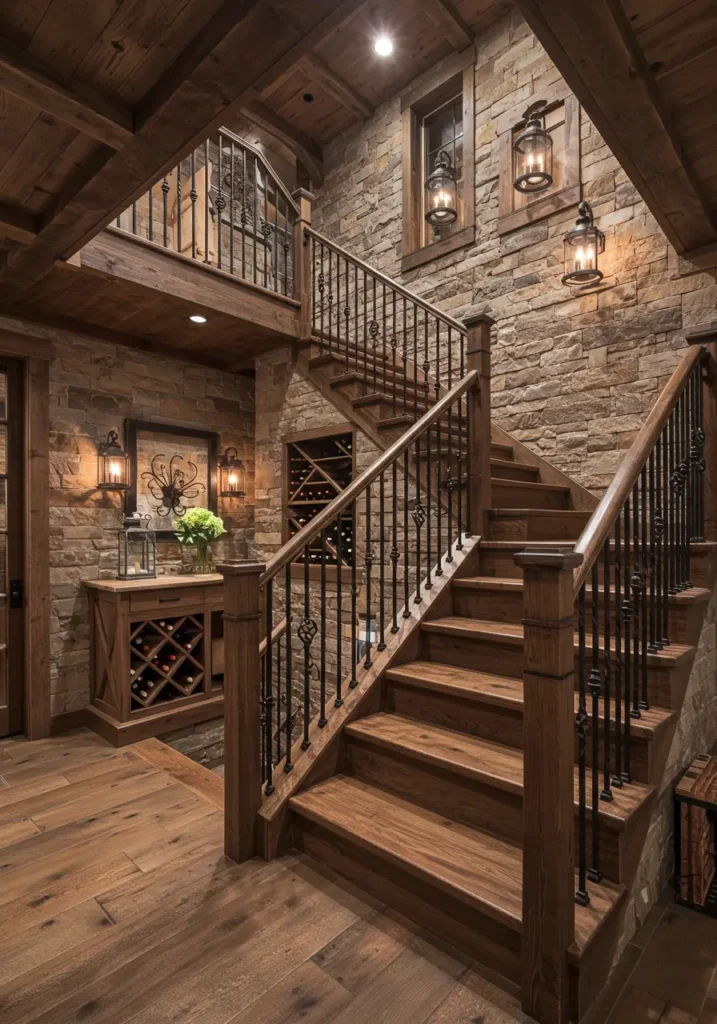 Transform your basement stairs into a charming transition to a rustic wine cellar or entertainment space, borrowing from French countryside châteaux and Napa Valley tasting rooms.