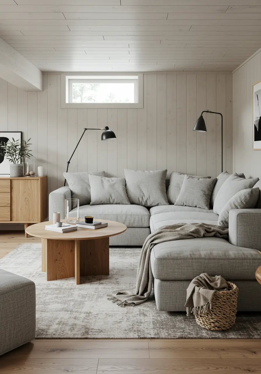 Embrace the Danish concept of hygge with this serene Scandinavian-inspired basement featuring natural materials, neutral colors, and cozy textiles. This design prioritizes comfort and well-being, creating a peaceful retreat where families can unwind and connect away from daily stresses.