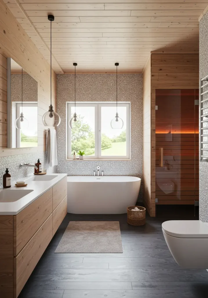 Inspired by Nordic wellness traditions and the concept of "hygge," this design creates a home spa experience that prioritizes comfort, natural materials, and serene functionality.