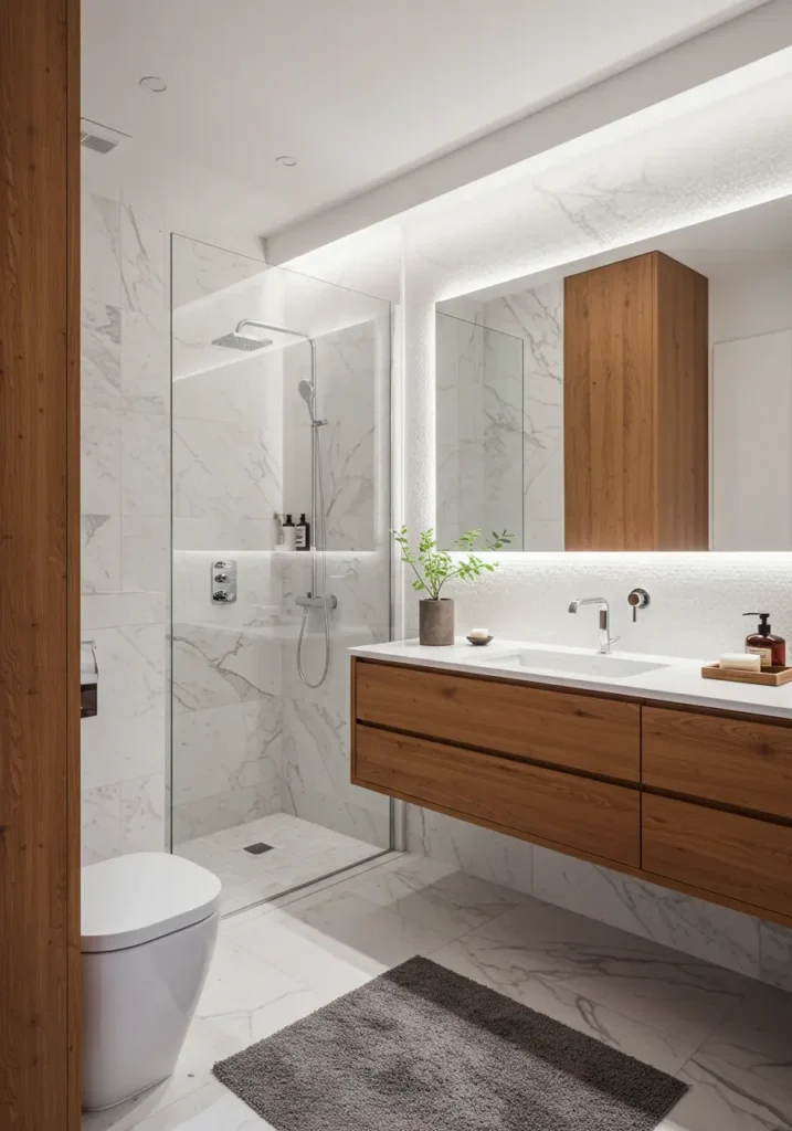 Rooted in the Nordic tradition of wellness and hygiene, this design brings the calming essence of Scandinavian spas into a compact 6x8 foot bathroom, emphasizing natural light and organic materials.