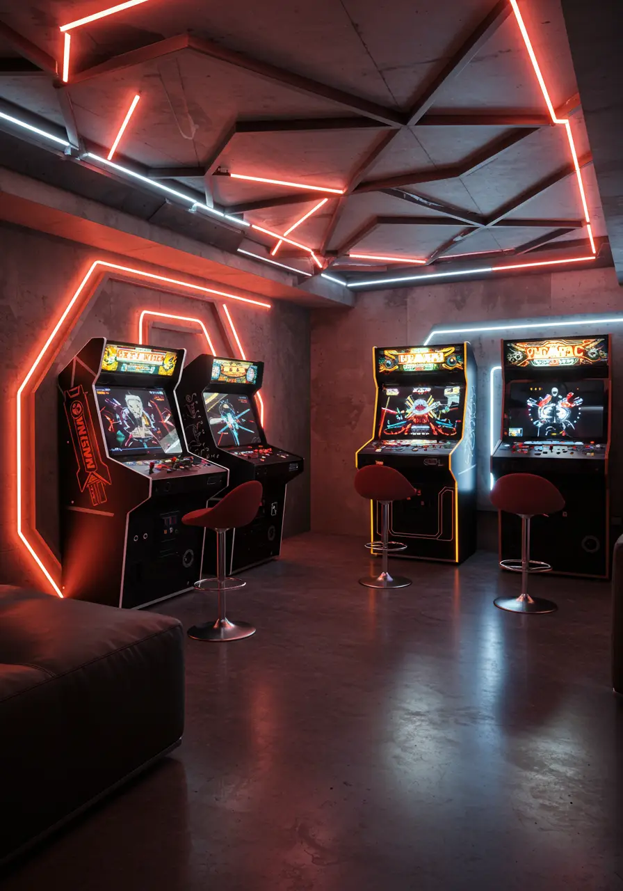 Blending the nostalgic charm of 1980s arcade culture with sleek futuristic design elements, this basement becomes a high-tech gaming paradise that appeals to both vintage gaming enthusiasts and modern tech lovers.