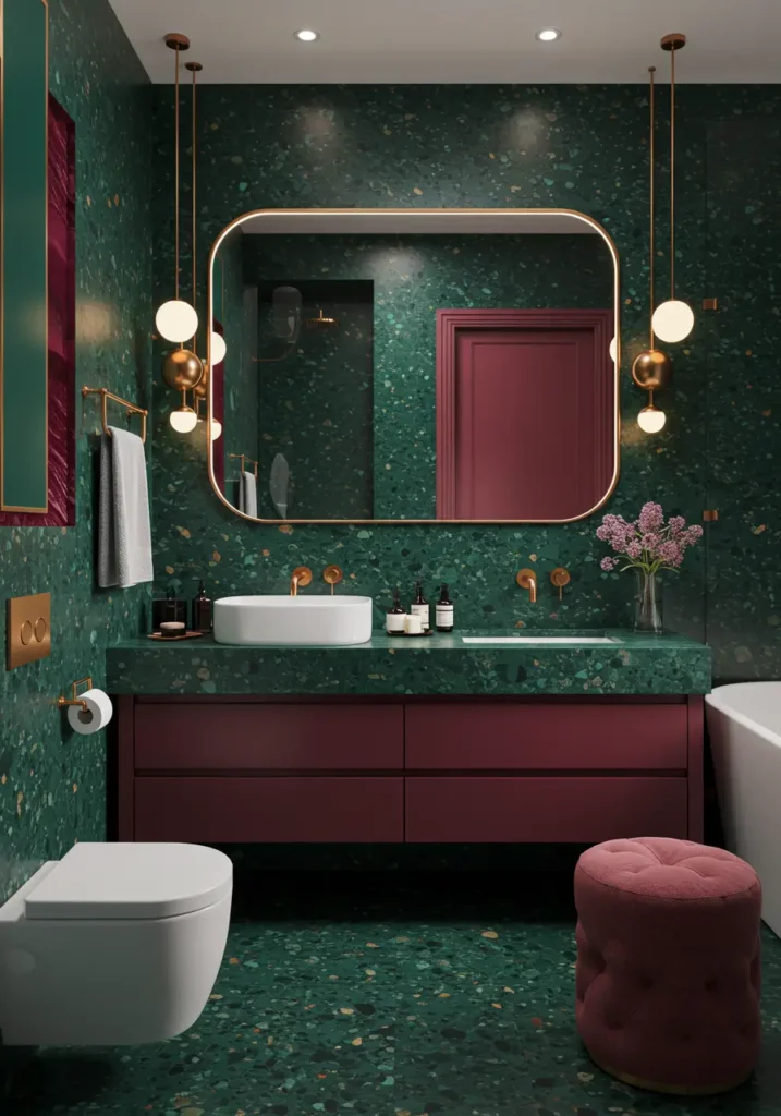 This design celebrates the comeback of terrazzo through a maximalist approach, combining traditional craftsmanship with contemporary forms to create a bathroom that feels like a modern art installation.