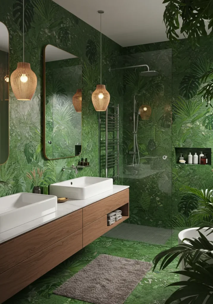 Channeling the luxurious resort bathrooms of Bali and Costa Rica, this design brings vacation vibes home. The bold green palette mimics lush tropical foliage while natural materials ground the space in organic authenticity.