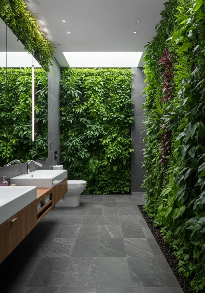 This design transforms the bathroom into a living ecosystem, inspired by the lush canopies of tropical rainforests. It's designed for nature lovers who want to start and end their day surrounded by verdant beauty and the calming sounds of water.
