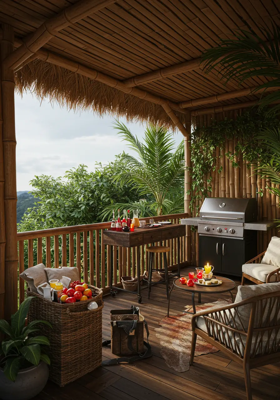 Channeling the laid-back vibes of Hawaiian beach bars and Polynesian culture, this design brings island paradise to your urban balcony with authentic materials and tropical flair.
