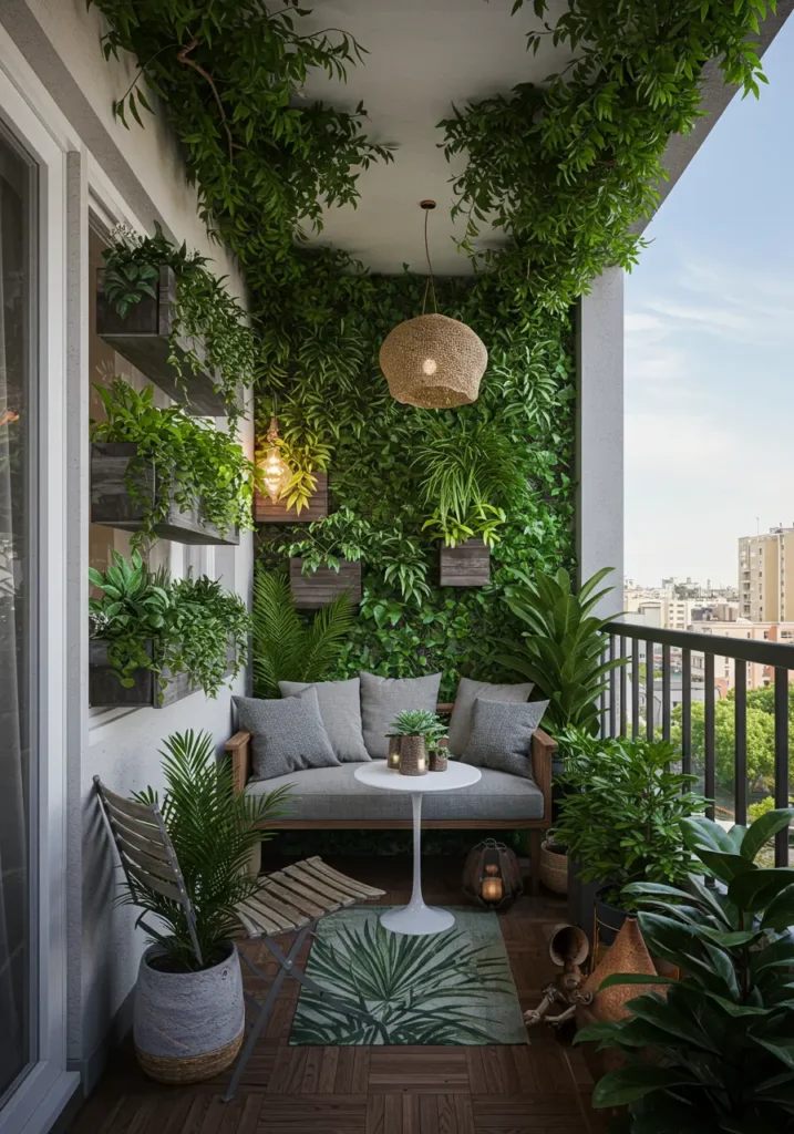 Create your own private rainforest retreat with this lush, plant-forward design that brings the outdoors inside while maintaining sophisticated urban appeal. Perfect for plant enthusiasts and nature lovers.
