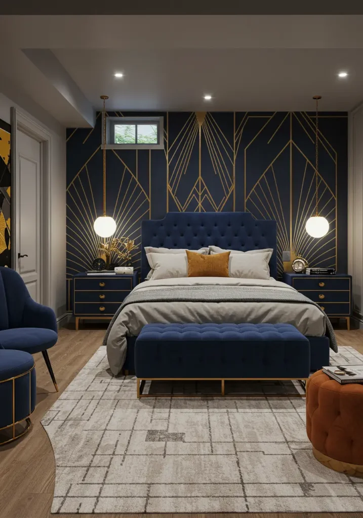 Capturing the opulent glamour of 1920s luxury hotels, this design features bold geometric patterns, rich materials, and dramatic lighting for a truly spectacular underground suite.