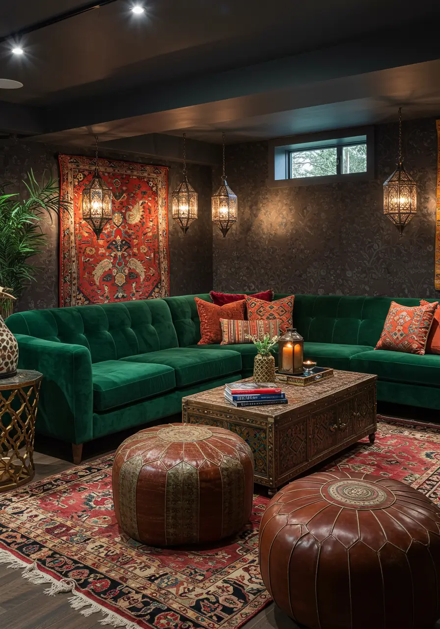 Transform your basement into an exotic bohemian paradise with rich jewel tones, layered textiles, and collected treasures from around the world. This design embraces maximalism while maintaining sophisticated color coordination, perfect for creative families who love bold, expressive interiors.