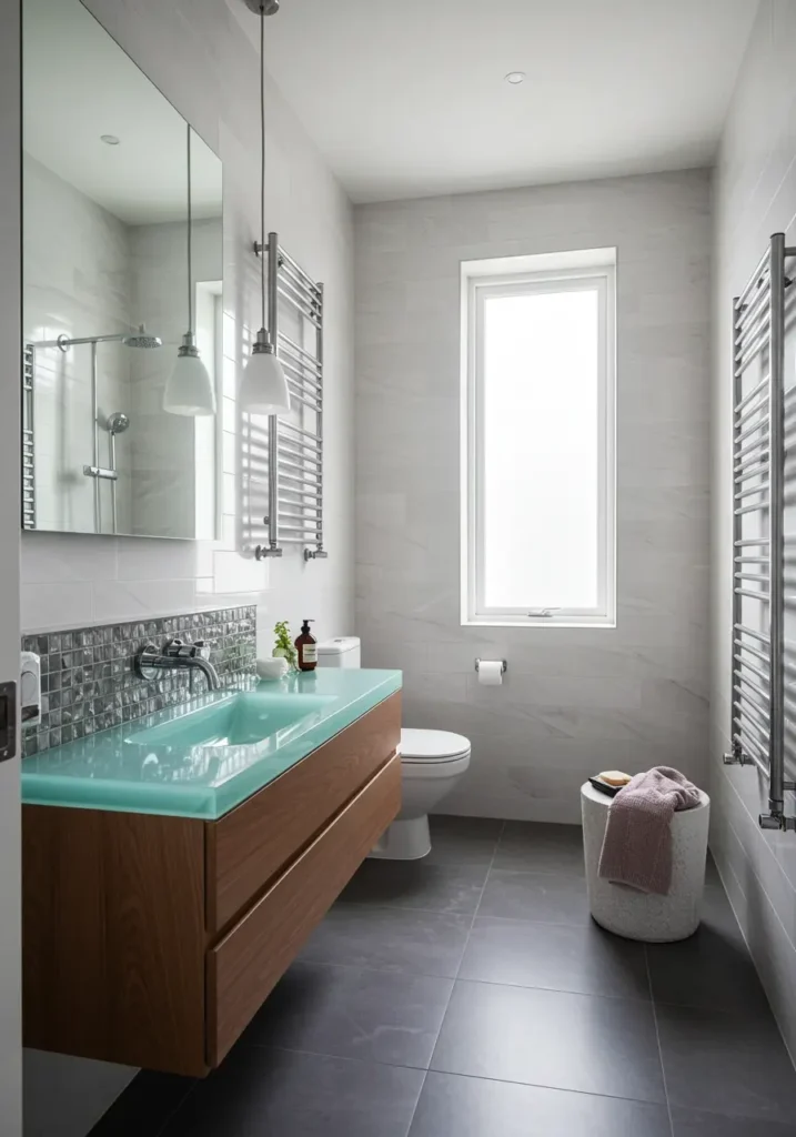 This design creates the illusion of weightlessness by floating major elements off the floor and walls, making the space feel airy and unencumbered while maximizing visual floor space.