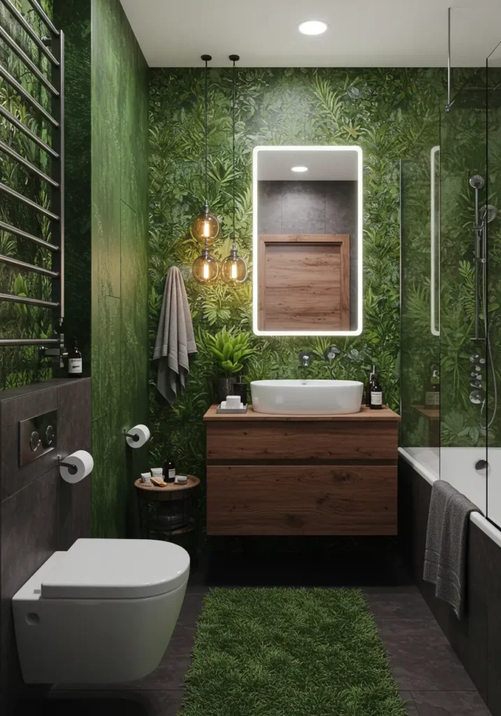 Merging the raw appeal of converted warehouses with biophilic design principles, this bathroom celebrates the beauty of industrial materials softened by organic green elements. Perfect for urban dwellers seeking an edgy yet nurturing space.