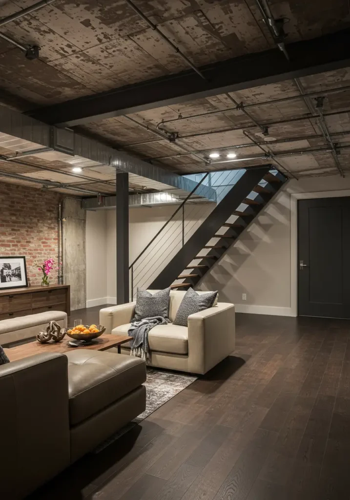 This concept transforms the typical "unfinished" basement look into a deliberately curated industrial aesthetic that rivals expensive loft conversions. By embracing and enhancing existing exposed elements, this design creates an intentionally raw yet sophisticated atmosphere.