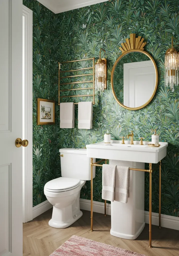 This concept embraces the maximalist trend with dramatic wallpaper and metallic accents, proving that small spaces can handle bold patterns when executed thoughtfully. The design creates an opulent powder room experience on a budget.