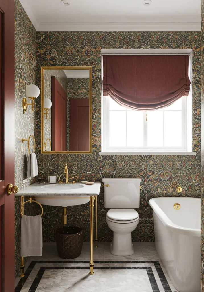 Inspired by Victorian opulence and modern maximalist movements, this powder room embraces "more is more" philosophy with sophisticated restraint. The design celebrates pattern, color, and texture in harmonious abundance.