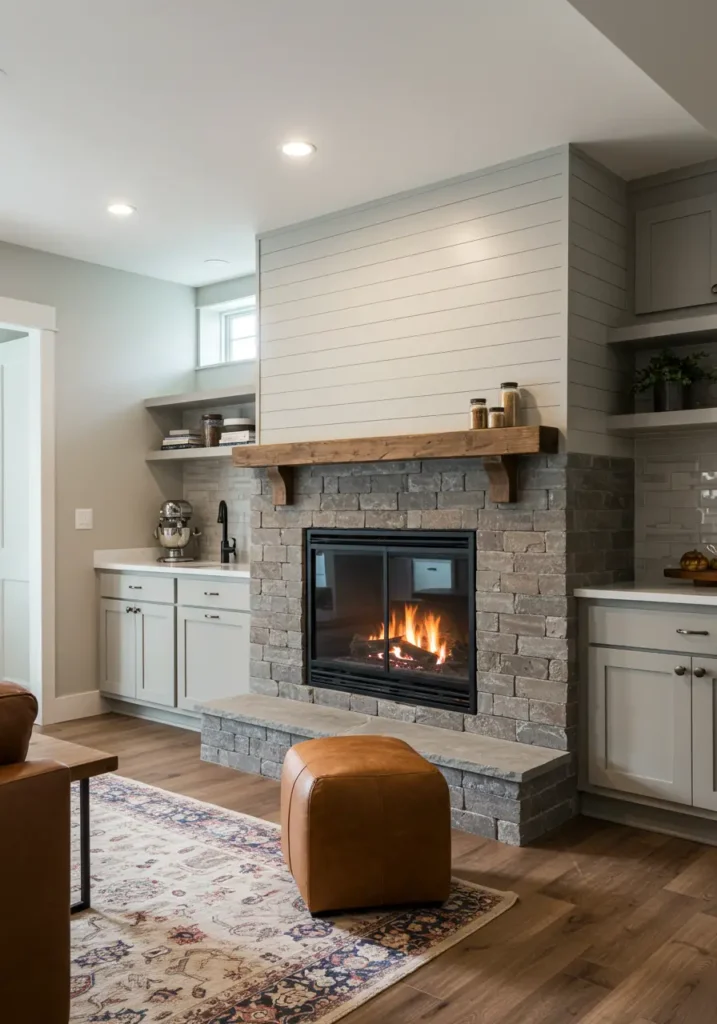 This basement kitchenette reimagines farmhouse charm with contemporary functionality. Shiplap walls painted in warm white provide textural interest while reclaimed wood beams add authentic character. The space feels like a cozy farmhouse kitchen despite its underground location, perfect for families who value both style and comfort.
