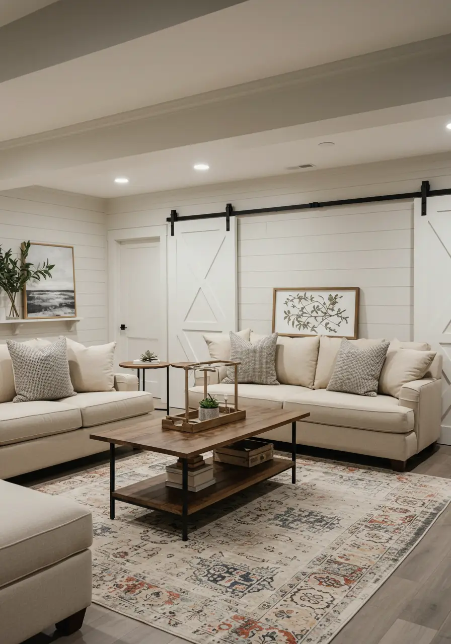 This transformation brings the warmth and charm of farmhouse living underground, creating a cozy family gathering space that feels both rustic and refined. The design balances traditional farmhouse elements with modern comfort and functionality.