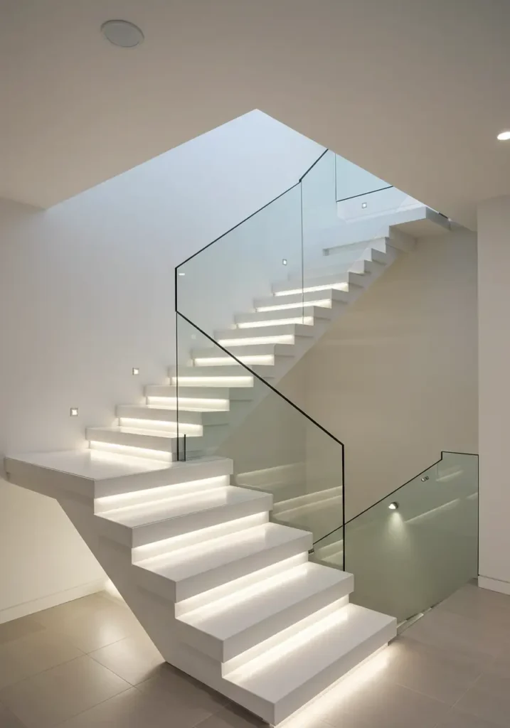 Inspired by contemporary art installations and high-end hotel design, this concept uses strategic lighting and clean lines to create an expensive-looking light sculpture that happens to be a functional stairwell. The design emphasizes the play of light and shadow.