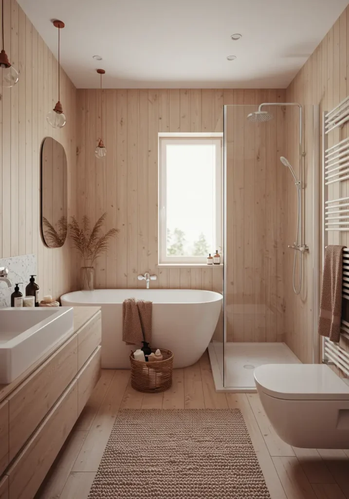 Embracing the Danish concept of hygge, this design creates ultimate coziness within a clean, minimalist framework. It's perfect for those who find peace in simplicity and want their bathroom to be a daily retreat from life's complexities.