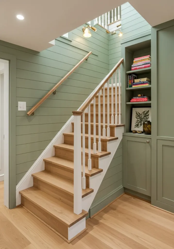 Create a cozy, functional staircase that embodies the Danish concept of hygge, with built-in reading nooks and warm, inviting materials that make the journey to the basement feel like a retreat.
