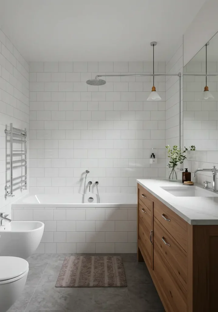 Embracing the hygge philosophy and Nordic design principles, this bathroom creates a serene spa-like atmosphere perfect for daily wellness rituals.