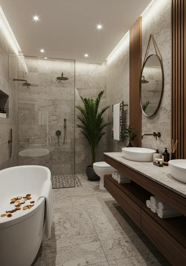 Drawing inspiration from luxury wellness retreats, this concept creates spatial expansion through natural materials and flowing design elements that connect with nature.