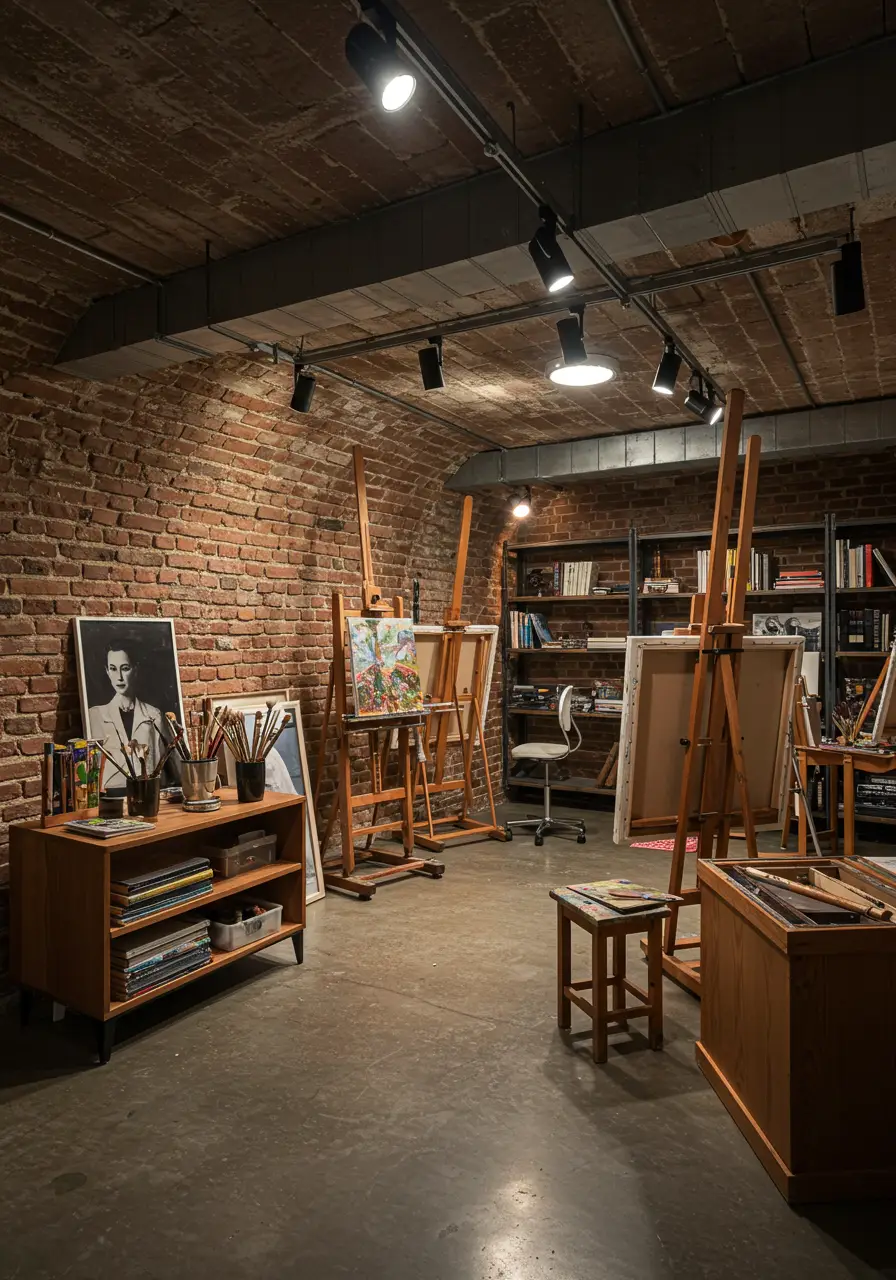Channeling the creative energy of Parisian artist lofts and Brooklyn warehouses, this basement studio provides the perfect environment for artistic expression with abundant natural-feeling light and organized storage solutions.