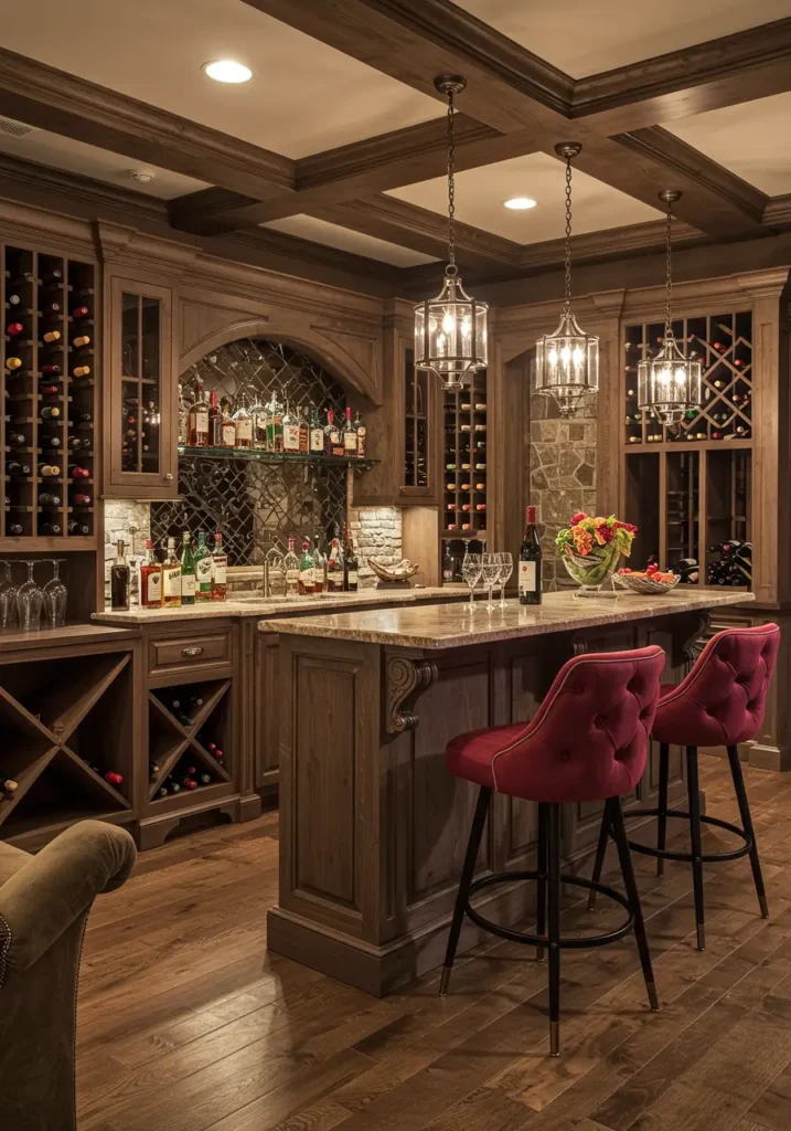 Channel the elegance of European wine cellars with a sophisticated bar that celebrates the art of wine appreciation.