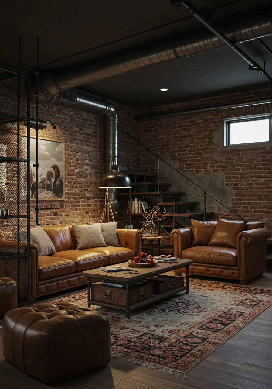 Channeling the raw sophistication of converted urban lofts, this basement concept embraces exposed elements and industrial materials while maintaining luxury comfort through carefully curated furnishings and strategic lighting design.