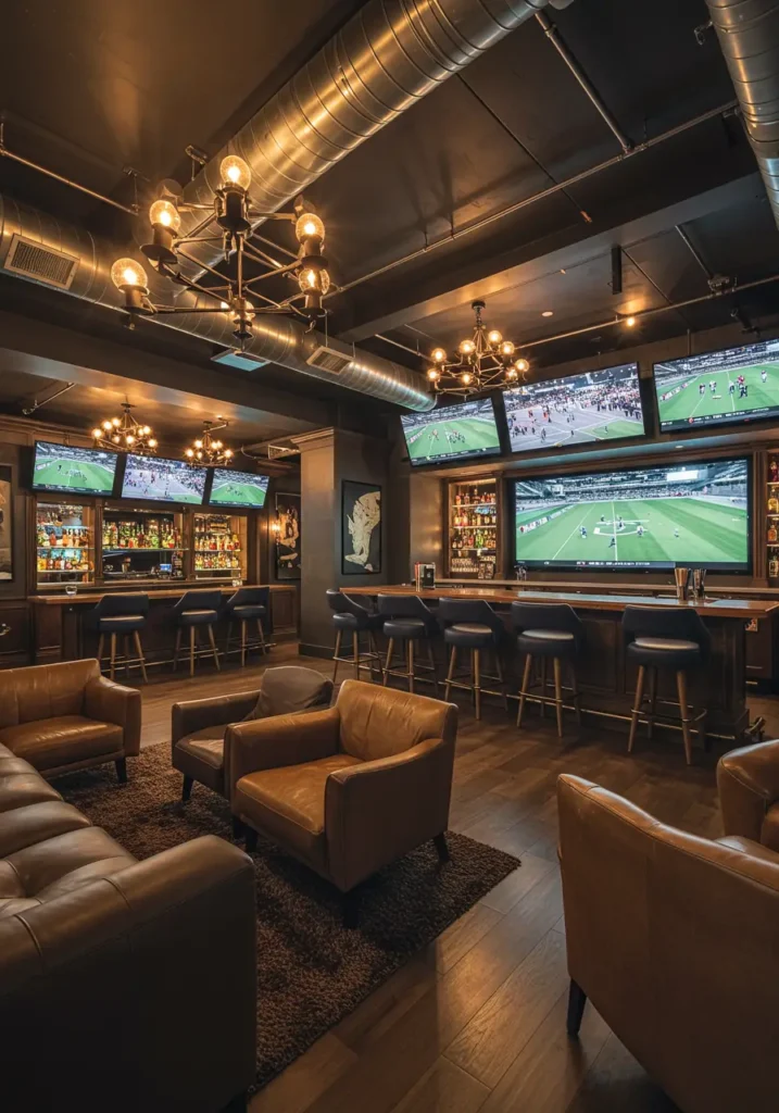 Inspired by trendy sports bars and urban gastropubs, this design creates the ultimate basement entertainment space for game day gatherings and casual socializing with friends.