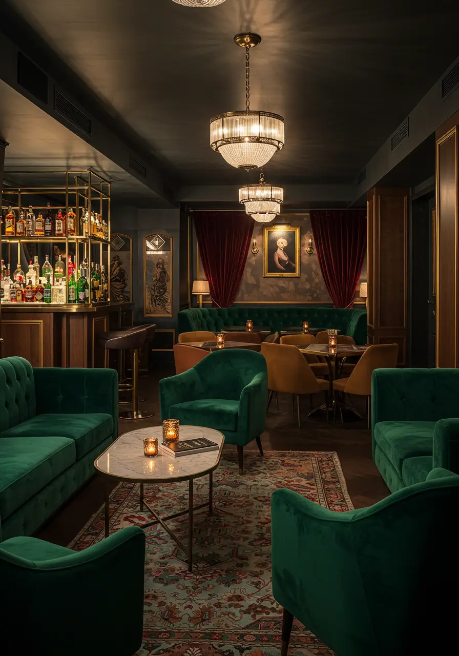 Channeling the glamour of 1920s speakeasies, this concept creates an intimate, sophisticated space perfect for entertaining adults. The design focuses on rich materials, mood lighting, and vintage charm.