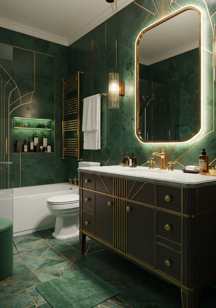 Drawing from the opulent glamour of 1920s New York, this powder room makes a bold statement with jewel-toned greens and metallic accents. The geometric patterns and luxurious materials create an atmosphere of sophisticated drama.
