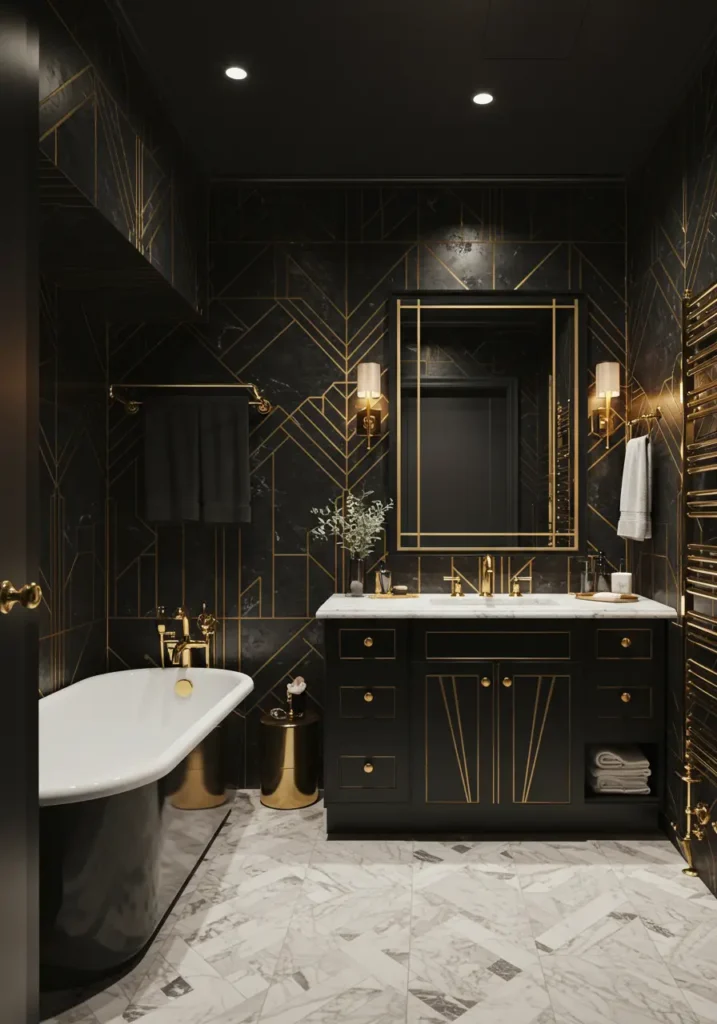 This design channels the opulence and sophistication of the 1920s Art Deco movement, creating a dramatic and luxurious powder room that makes a bold statement despite its compact size. Rich materials and geometric patterns define this glamorous aesthetic.