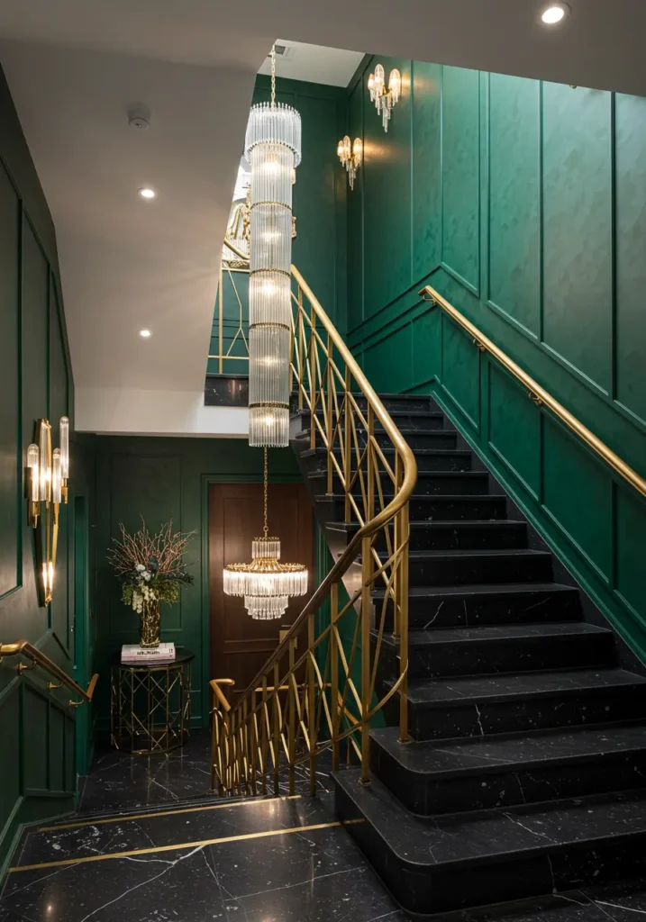 Channel the opulence of 1920s luxury hotels and theaters with a dramatic Art Deco-inspired staircase that serves as the crown jewel of your basement transformation.