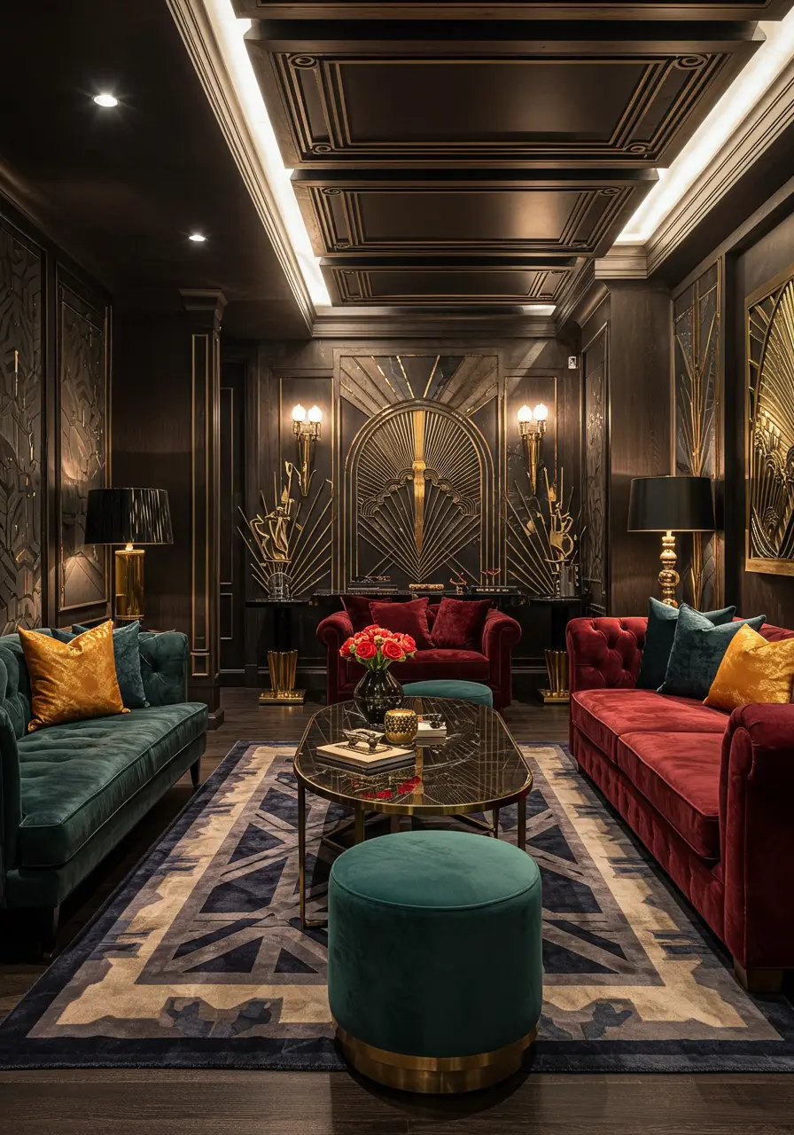 Channeling the glamour and mystery of 1920s speakeasies, this basement becomes a sophisticated entertainment space featuring geometric patterns, luxurious materials, and dramatic lighting.