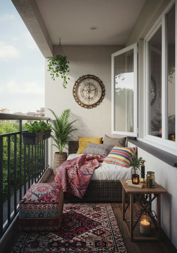 Create a worldly sanctuary that tells stories of global adventures and artistic expression. This bohemian-inspired balcony draws from Moroccan riads, Indian haveli courtyards, and artistic communes to create a deeply personal and culturally rich outdoor space.