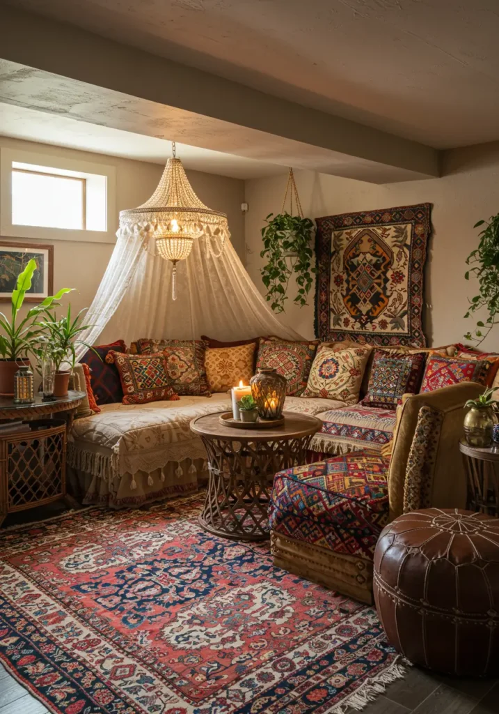 Embracing the free-spirited bohemian lifestyle, this concept transforms your basement into an eclectic, artistic space filled with global influences, natural textures, and creative energy.