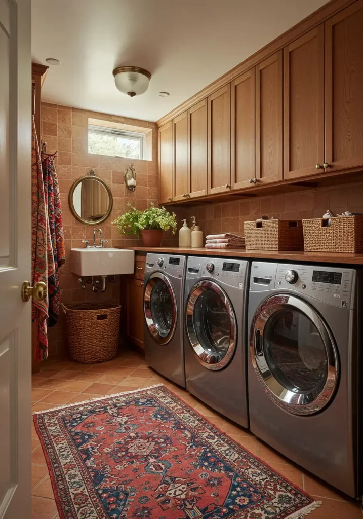 Celebrating the artistry of fabric care, this design transforms the basement laundry into a colorful, creative space that honors textiles while providing comprehensive garment care facilities.