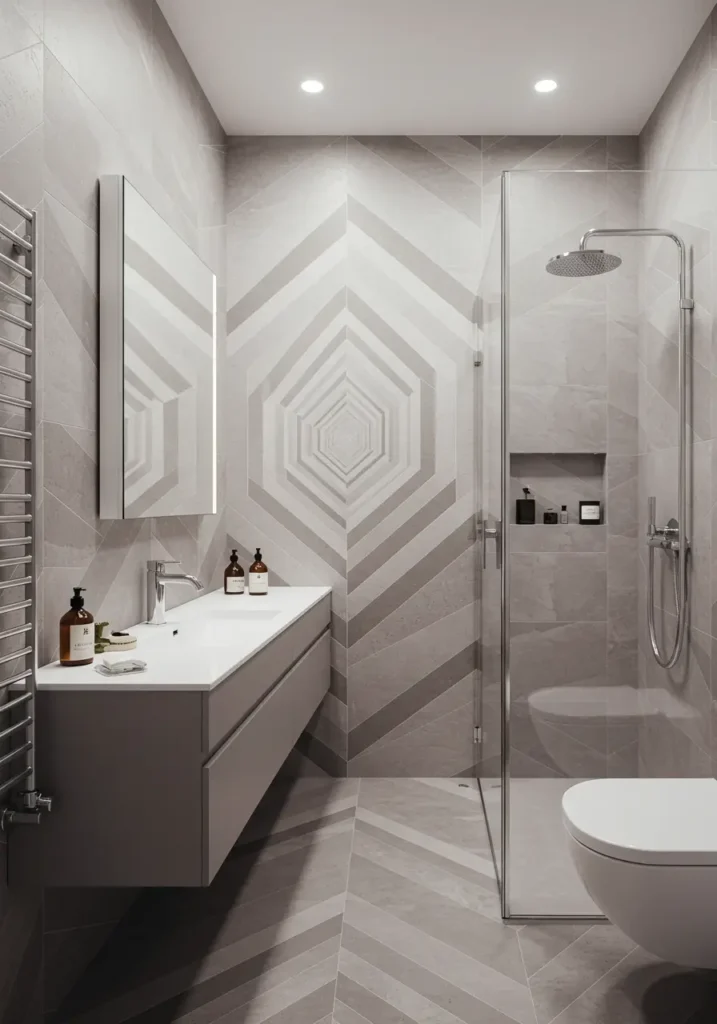 This concept uses strategic geometric patterns and optical illusions to manipulate perception, creating depth and movement that makes the small space feel dynamic and expansive.