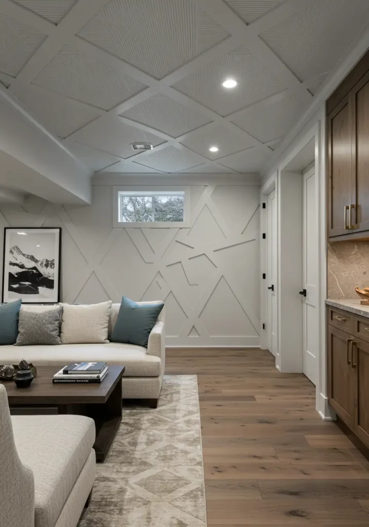 This concept transforms a plain basement ceiling into an architectural statement using geometric panels that create depth, texture, and visual interest. The design draws inspiration from high-end commercial spaces and luxury hotels.
