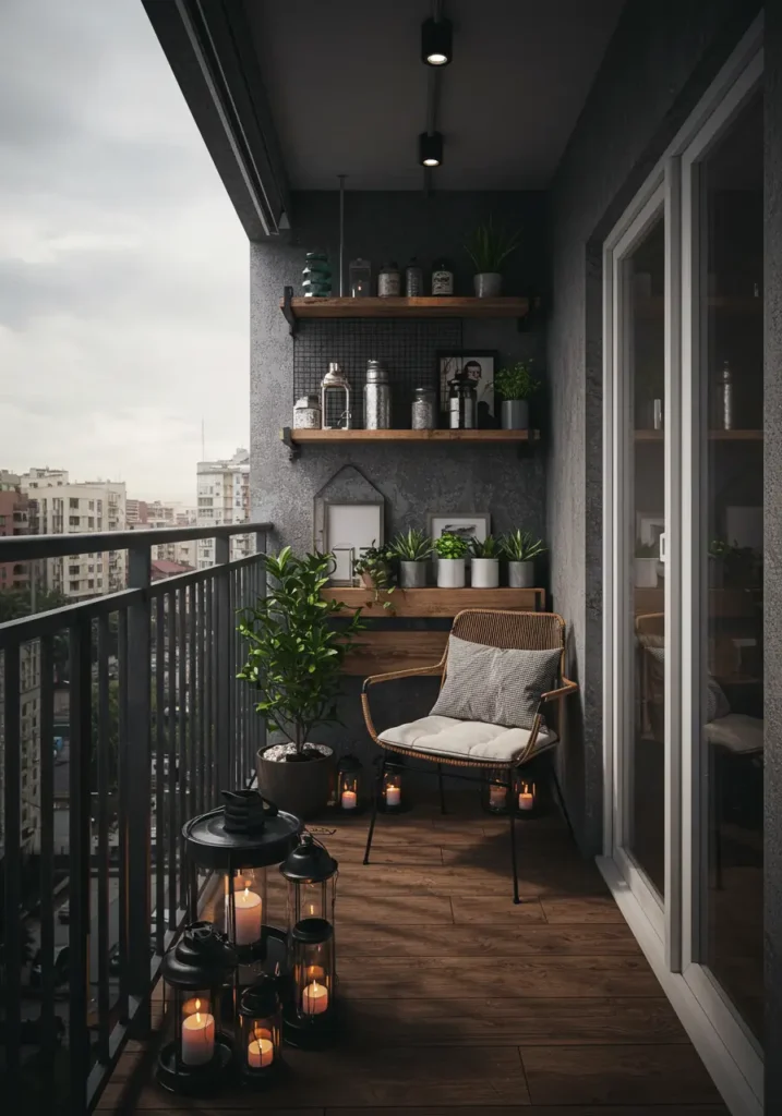Embrace the raw beauty of industrial design with this sophisticated balcony concept that combines weathered metals, reclaimed wood, and urban elements for a distinctly modern aesthetic.