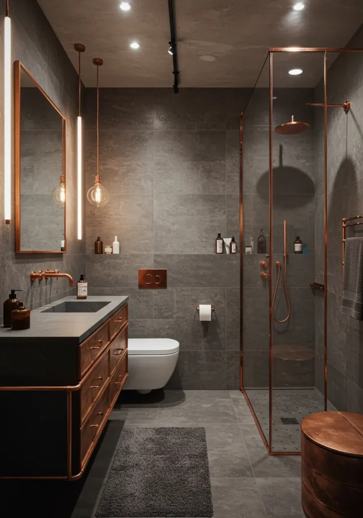 Drawing from converted warehouse spaces and urban lofts, this design celebrates raw materials and industrial aesthetics while maintaining bathroom functionality.