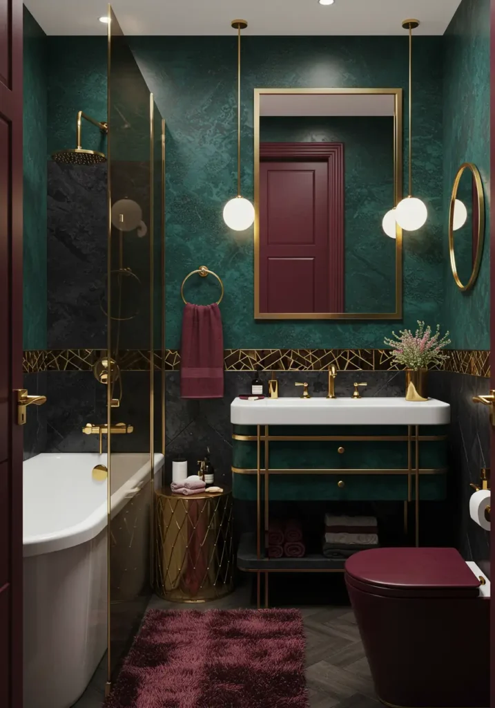Rejecting the notion that small spaces must be minimal, this concept embraces maximalist principles to create a dramatic, jewel-like sanctuary. Inspired by Victorian apothecaries and modern art galleries, every surface becomes an opportunity for visual richness.