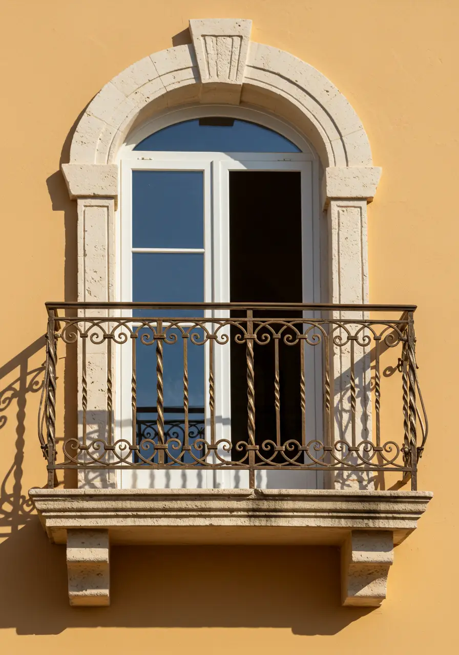 Inspired by Italian and Spanish coastal villas, this design captures Mediterranean warmth through curved ironwork and terra cotta accents. The concept brings Old World charm to modern budgets.