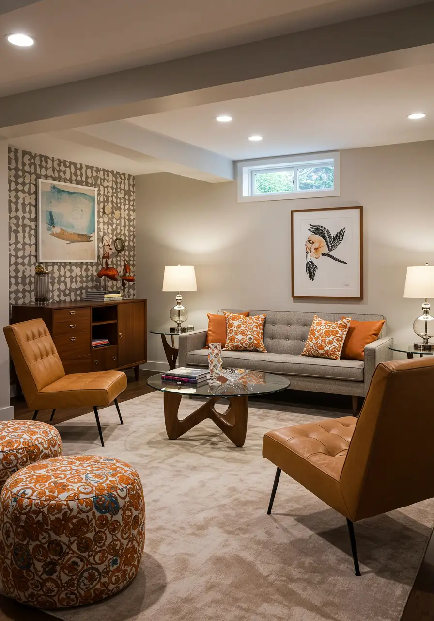 This sophisticated transformation channels the glamour of 1960s cocktail culture, creating a stylish basement lounge that's perfect for entertaining. The design celebrates iconic mid-century furniture pieces and bold geometric patterns while incorporating modern amenities.