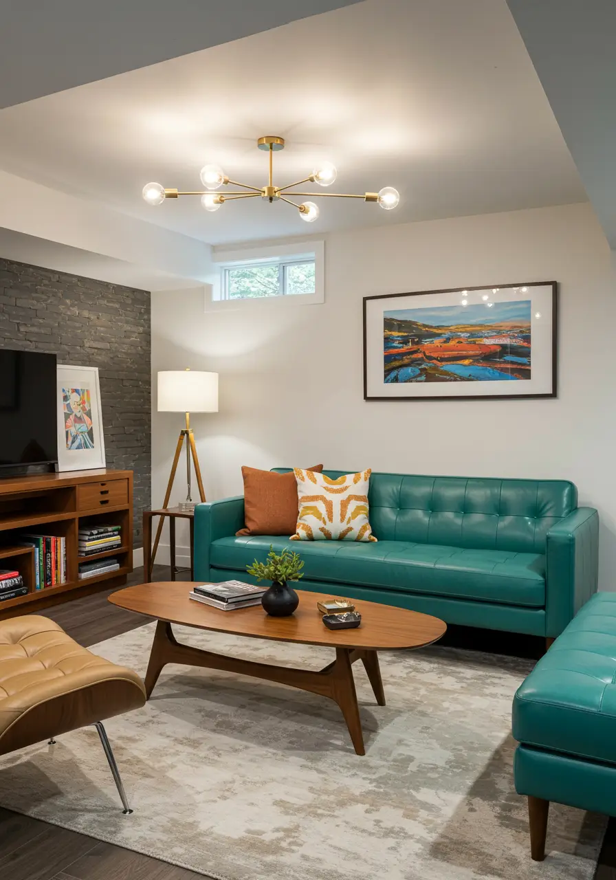 Step back into the golden age of design with this authentic mid-century modern basement featuring iconic furniture pieces, bold geometric patterns, and a carefully curated color palette. This concept celebrates the optimistic spirit of the 1960s while incorporating modern comfort and functionality.
