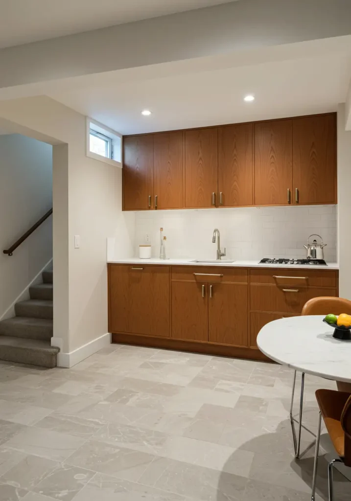 Celebrating the optimistic design of the 1950s and 60s, this basement kitchenette features clean lines and warm wood tones. Walnut cabinetry with brass hardware creates sophisticated warmth while geometric patterns and atomic-age accessories add authentic period charm. The space feels like a perfectly preserved time capsule with all modern conveniences.